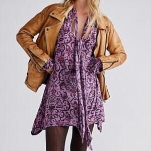 Free People Bridgette Purple Boho Printed Long Sleeve Handkerchief Tunic‎ Size M